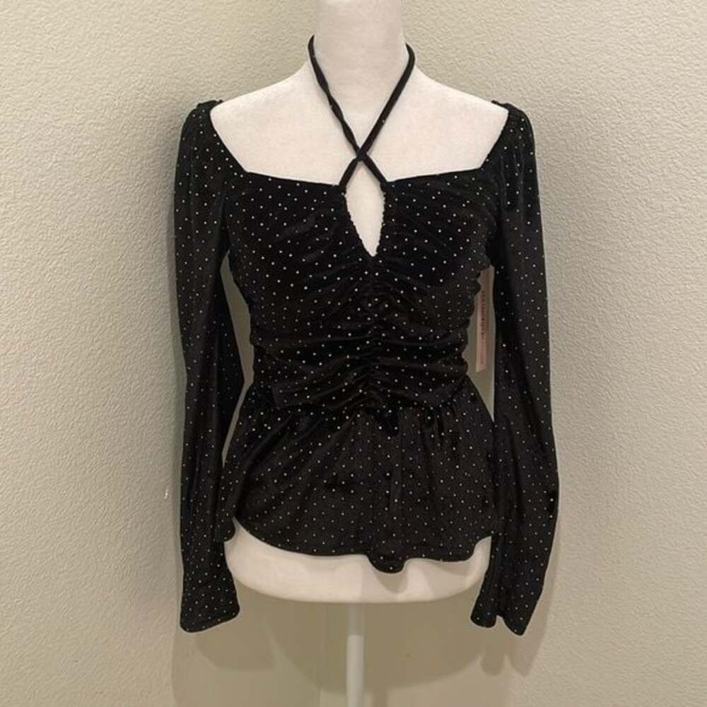 NWT Aqua Womens Velvet Black Gold Dot Print Shirt Peplum Top Blouse Size XS‌‌